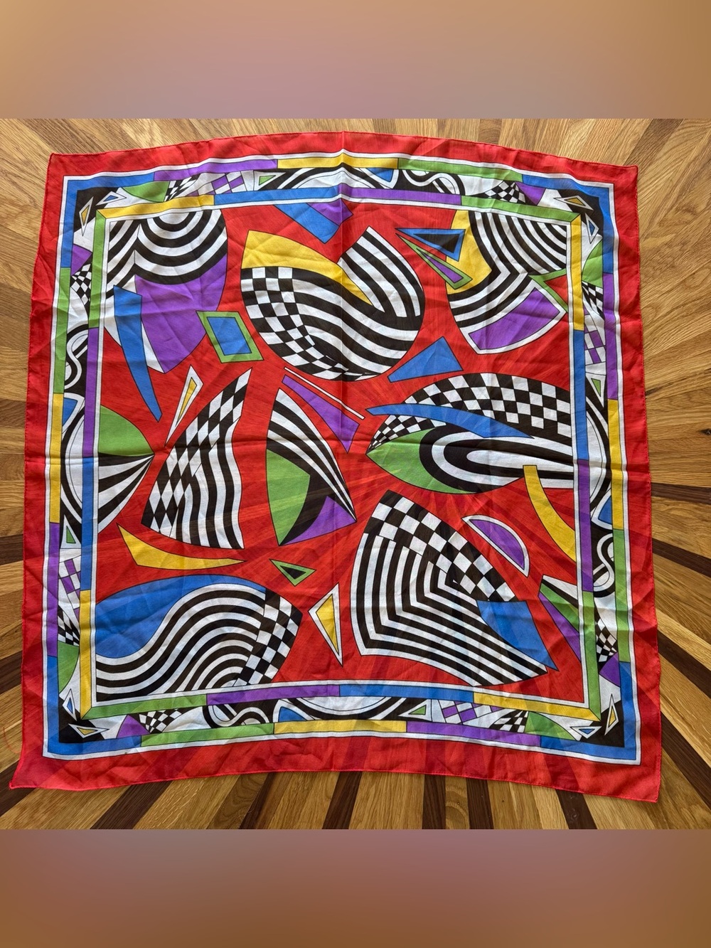 Vintage Abstract Geometric 34” Square Scarf Red Black Blue